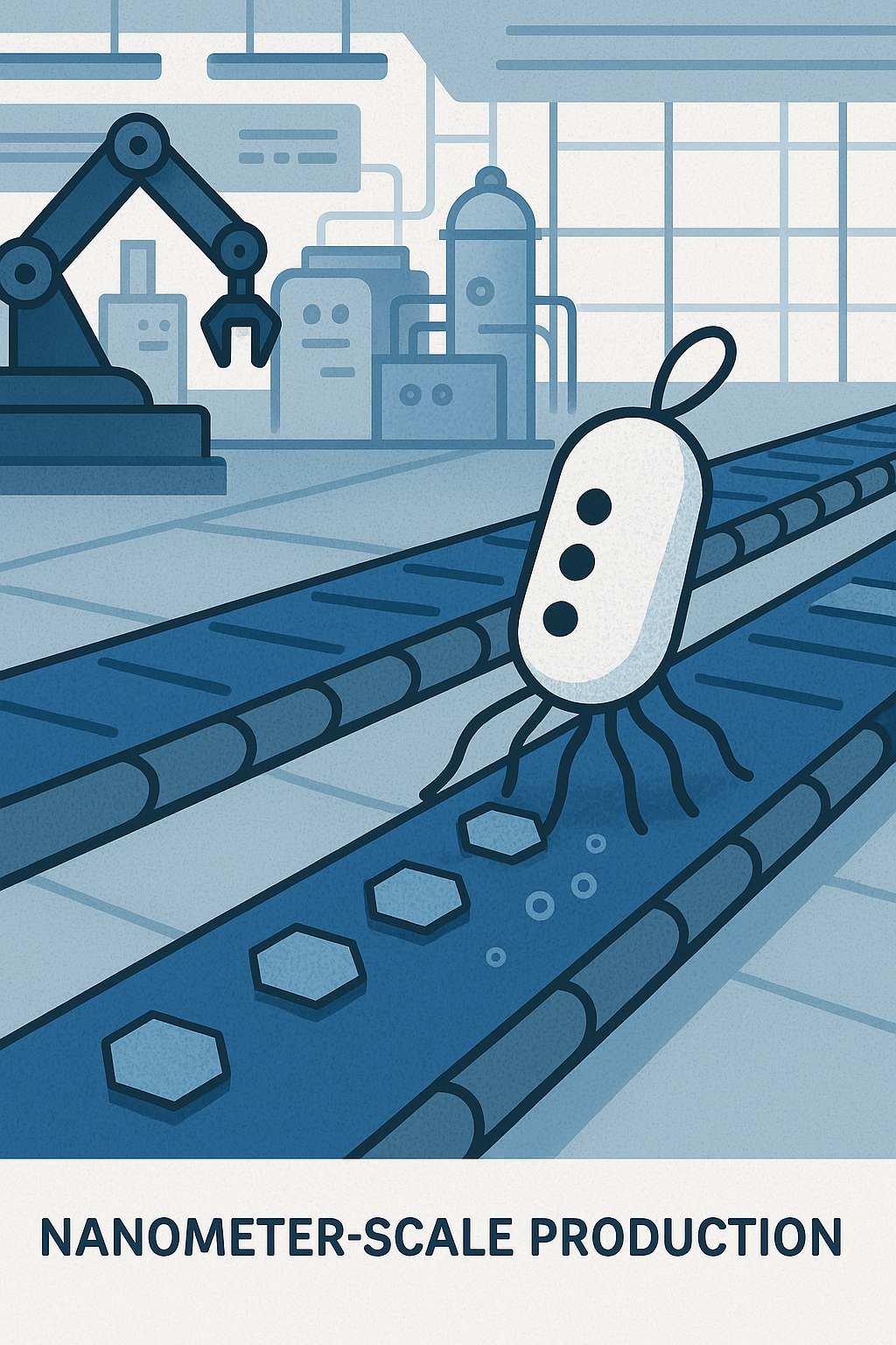 Ilustración digital de una fábrica de nanotecnología con un nanobot trabajando sobre una cinta transportadora en un entorno industrial futurista.