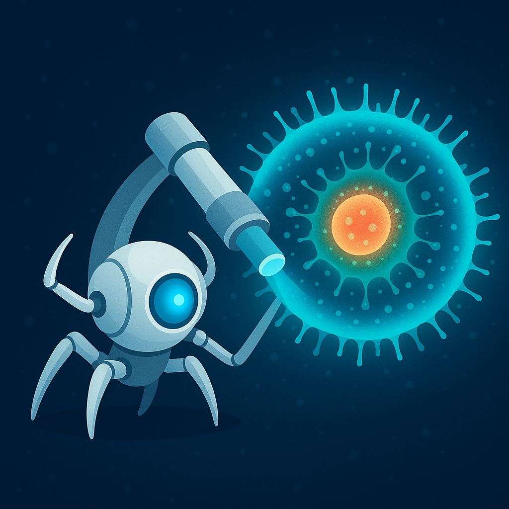 Ilustración de un nanobot con forma esférica observando una célula iluminada por fluorescencia a través de un microscopio, en un entorno oscuro con partículas brillantes.