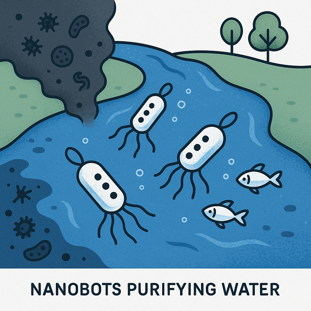 Ilustración de nanobots flotando en un río, limpiando el agua contaminada y devolviéndole claridad, con peces nadando en la zona purificada.