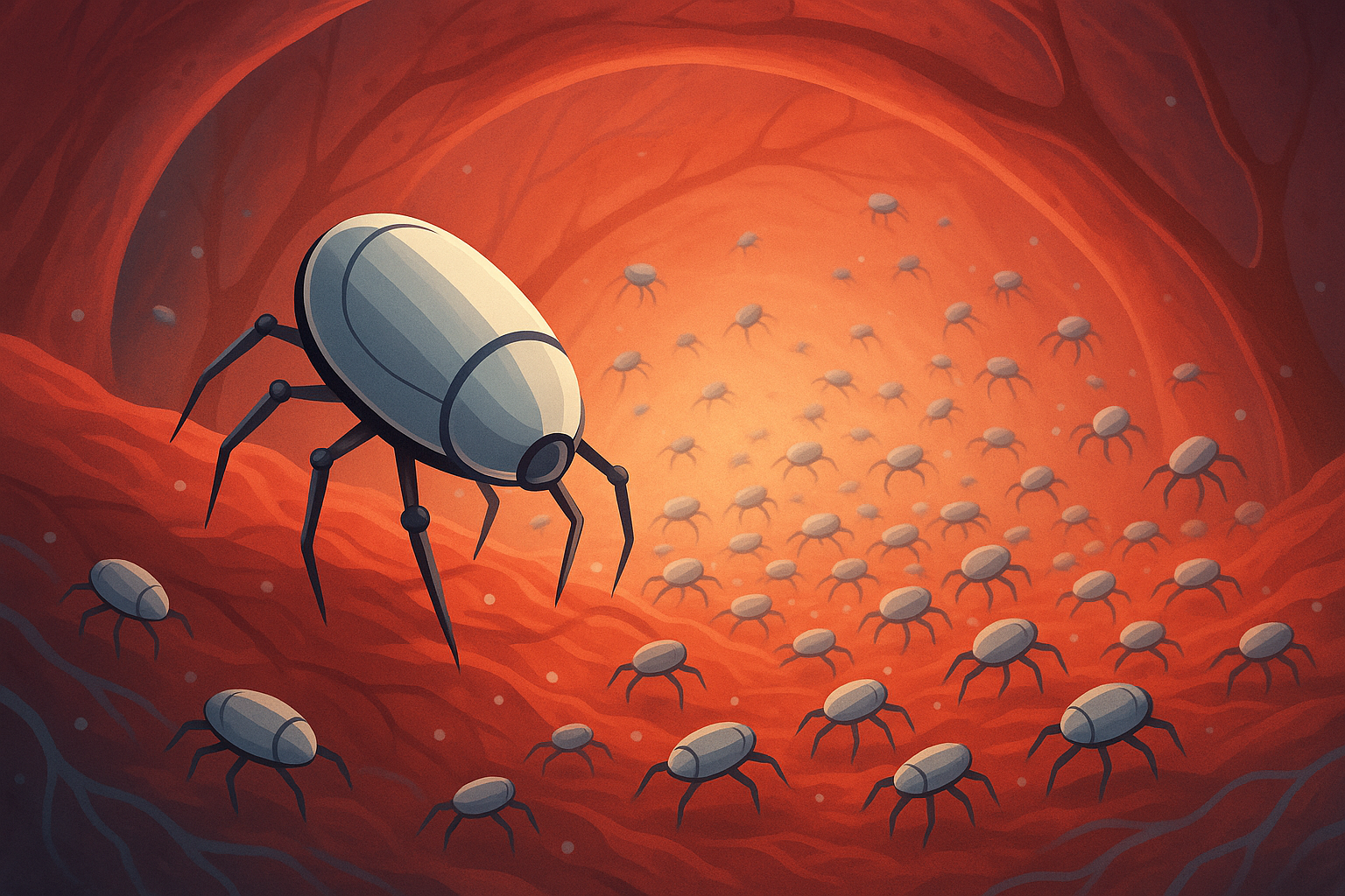 Ilustración digital de decenas de nanobots desplazándose por el interior de un órgano humano, simulando un enjambre en acción dentro de un entorno rojizo con vasos sanguíneos.