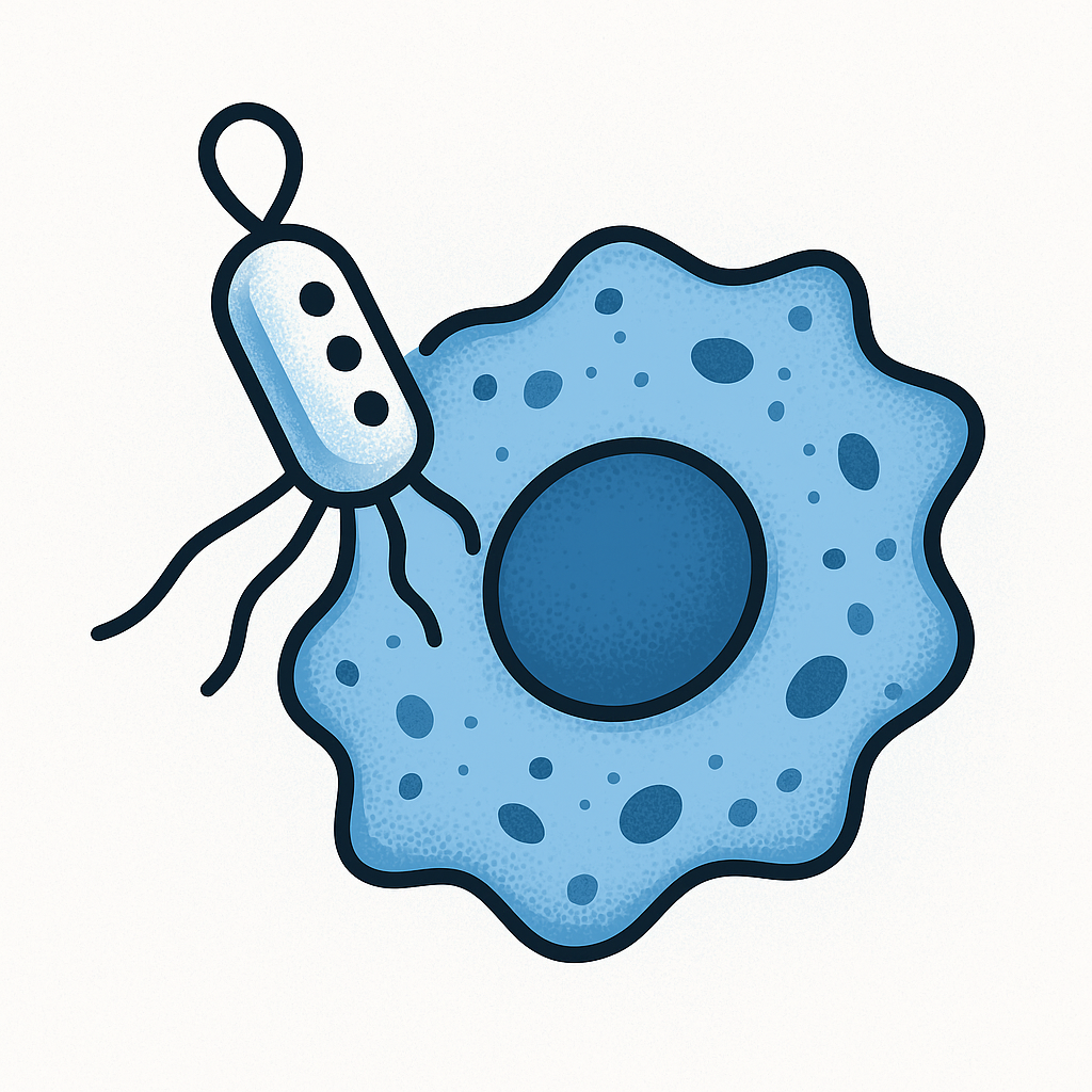 Ilustración científica de un nanobot en contacto directo con una célula azul, mostrando su interacción con la membrana y el núcleo celular.