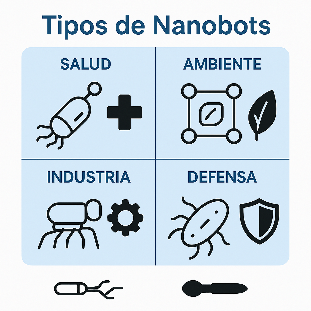 nfografía con representación visual de los tipos de nanobots clasificados por sector: salud, ambiente, industria y defensa, cada uno con su icono y nanobot representativo.