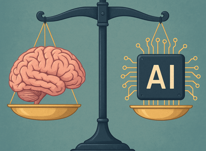 Ilustración de una balanza equilibrando un cerebro humano y un chip de inteligencia artificial