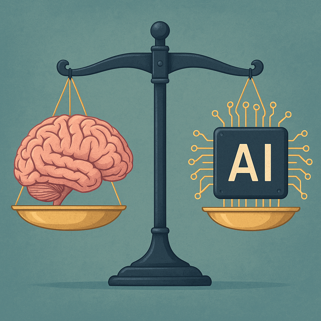 Ilustración de una balanza equilibrando un cerebro humano y un chip de inteligencia artificial